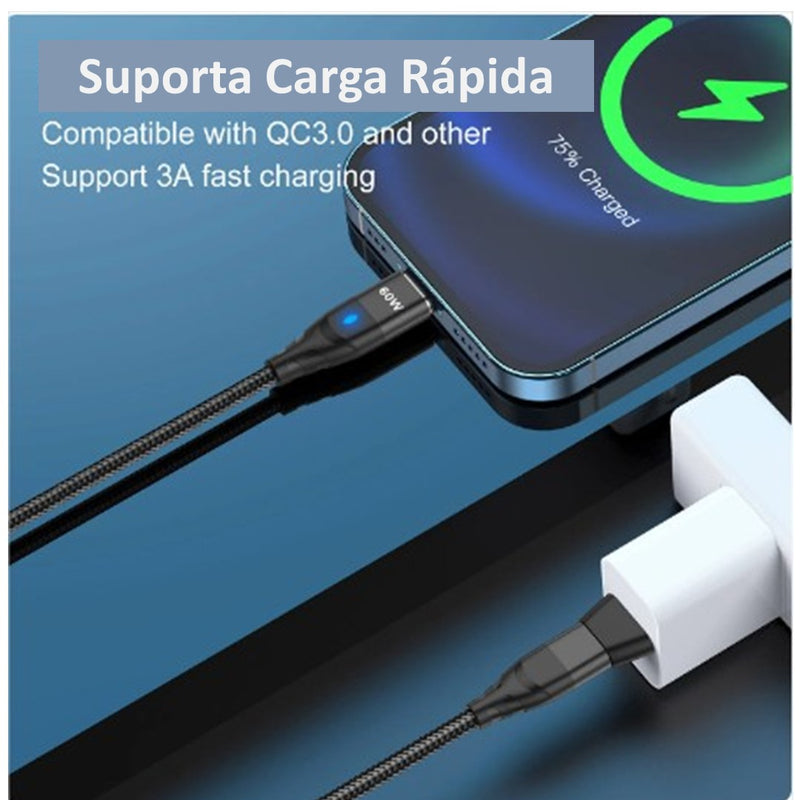 CABO USB MAGNÉTICO 2 METROS COMPLETO - Carga Rápida! - Type A e Type C - LUPWAY - 6 em 1